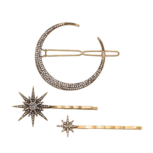 Crescent Moon and Star Crystal Hair Clips, Set of 3
