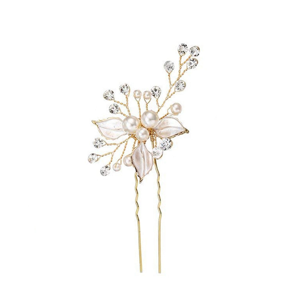 Twig, Flower and Leaf Bridal Hairpins with Synthetic Pearl and Crystal Accents