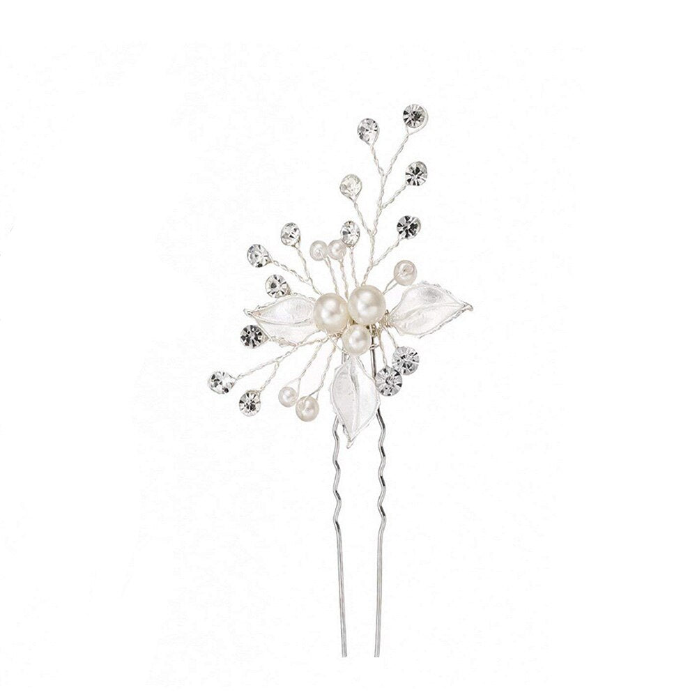 Twig, Flower and Leaf Bridal Hairpins with Synthetic Pearl and Crystal Accents