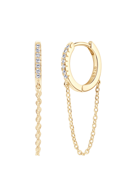 18k Gold Plated Huggie Chained Hoop Earrings with Moissanite Gemstone