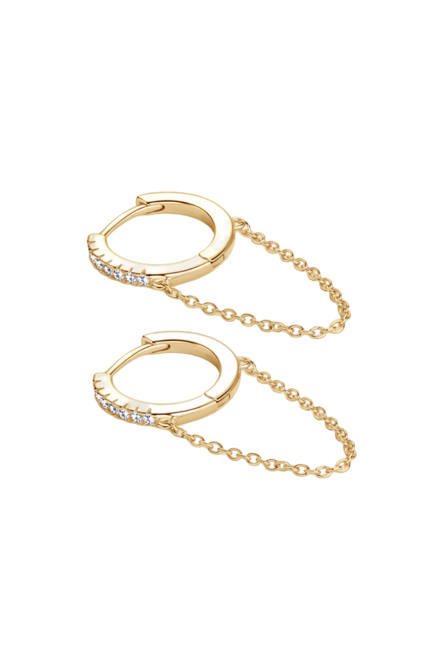 18k Gold Plated Huggie Chained Hoop Earrings with Moissanite Gemstone