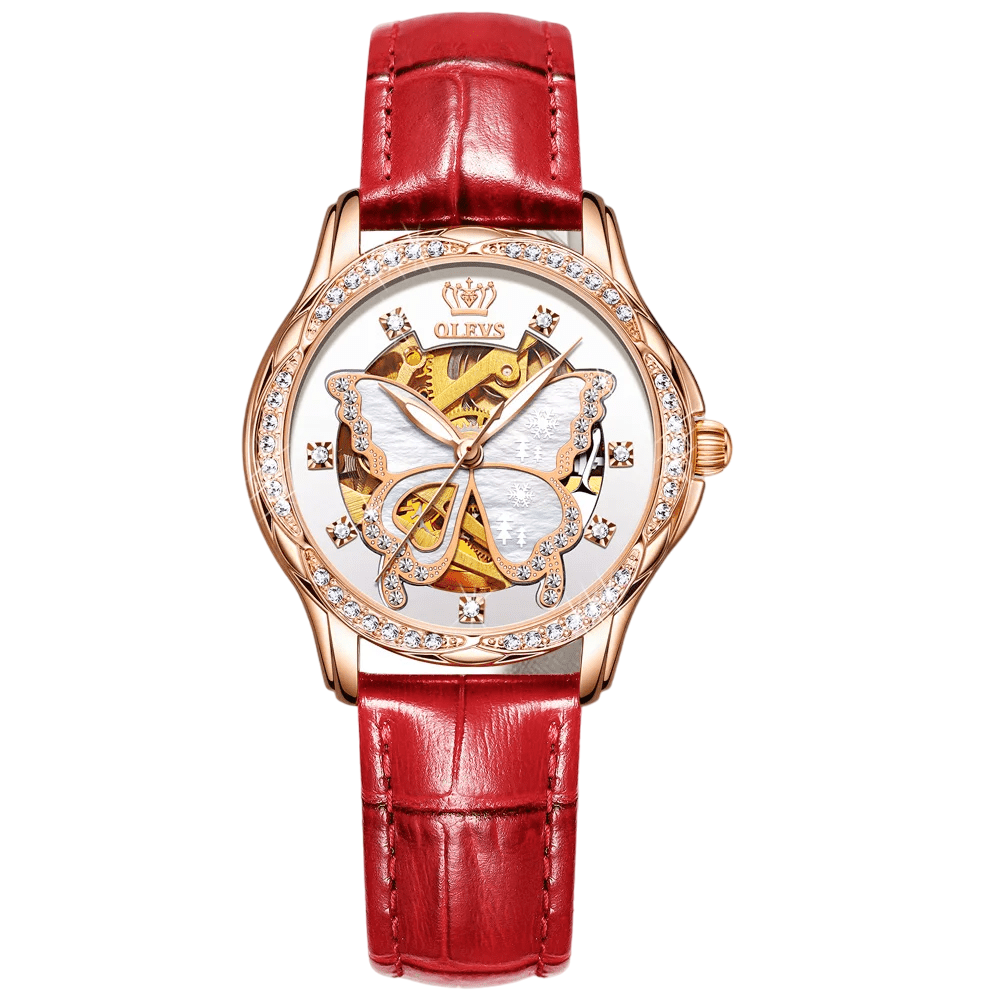 OLEVS Pearl Oyster Diamond and Sapphire Crystal Accented Leather Butterfly Skeleton Watch