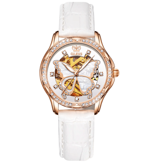 OLEVS Pearl Oyster Diamond and Sapphire Crystal Accented Leather Butterfly Skeleton Watch