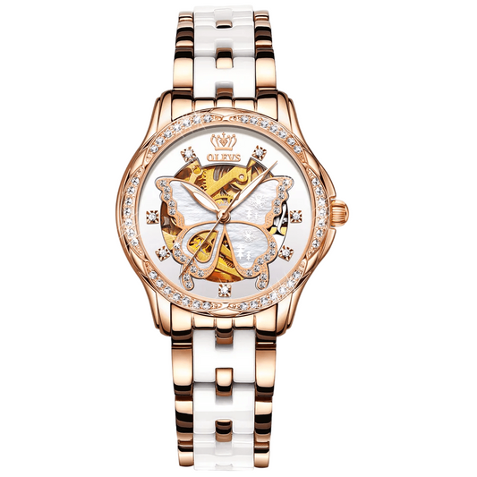 OLEVS Pearl Oyster Diamond and Sapphire Crystal Accented Ceramic Butterfly Skeleton Watch