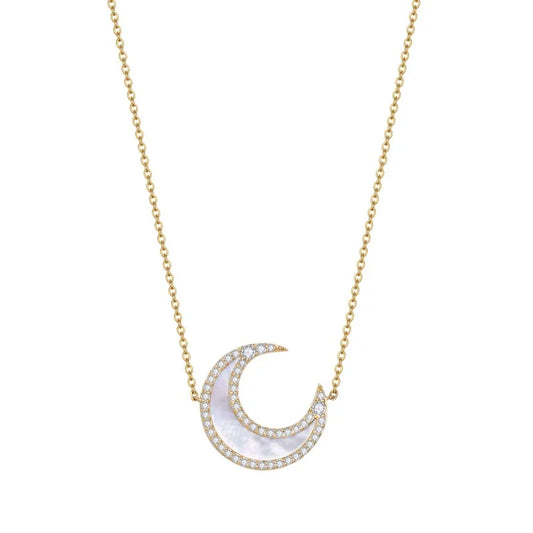 Moissanite Crescent Moon Necklace with Simulated Mother of Pearl Stone